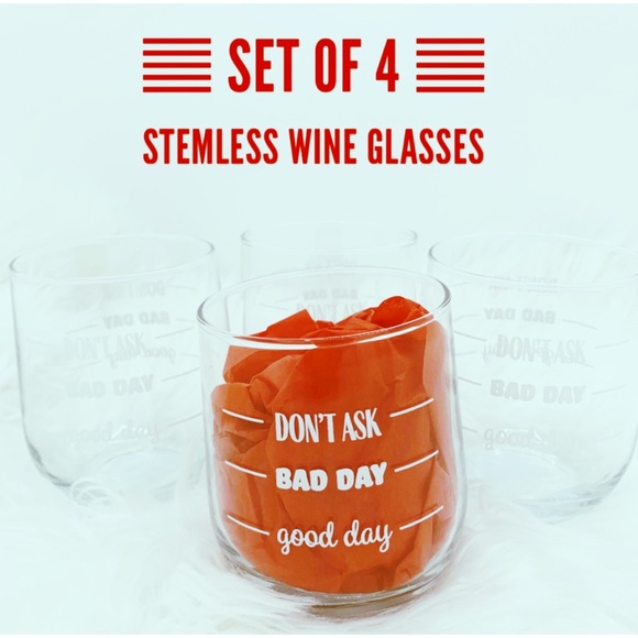 ❌𝕊𝕆𝕃𝔻❌ Set of 4 Humorous Stemless Wine Glasses - Picture 2 of 9